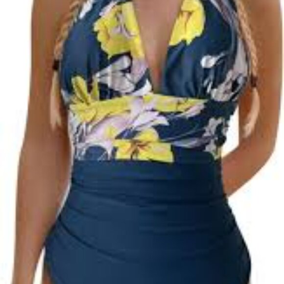 BNWT Cupshe Halter Backless One Piece Swim Floral and Teal Size M - Picture 1 of 7